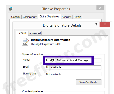 Screenshot of the Intel(R) Software Asset Manager certificate